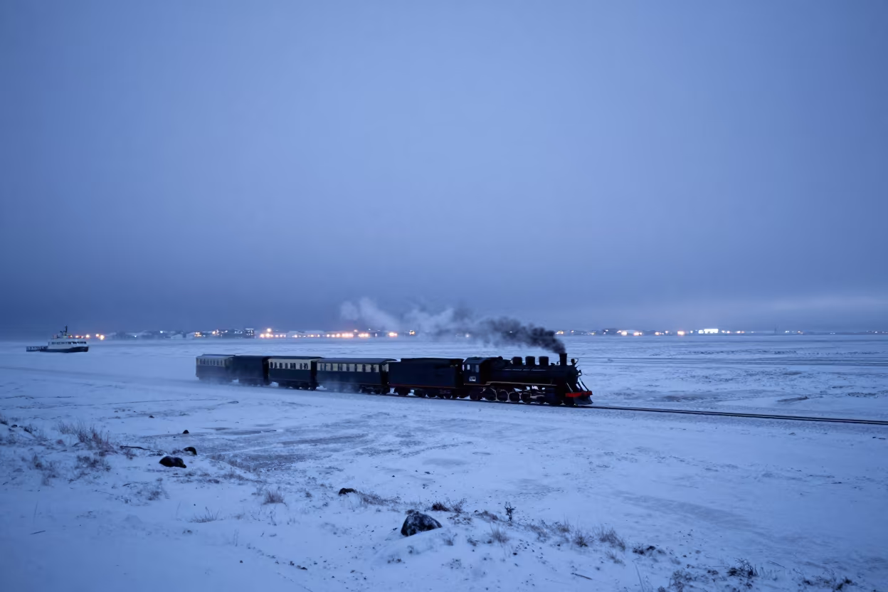 Steam Train on Winter Salt Flats at Twilight in across a remote ferry crossing near Reykjavik