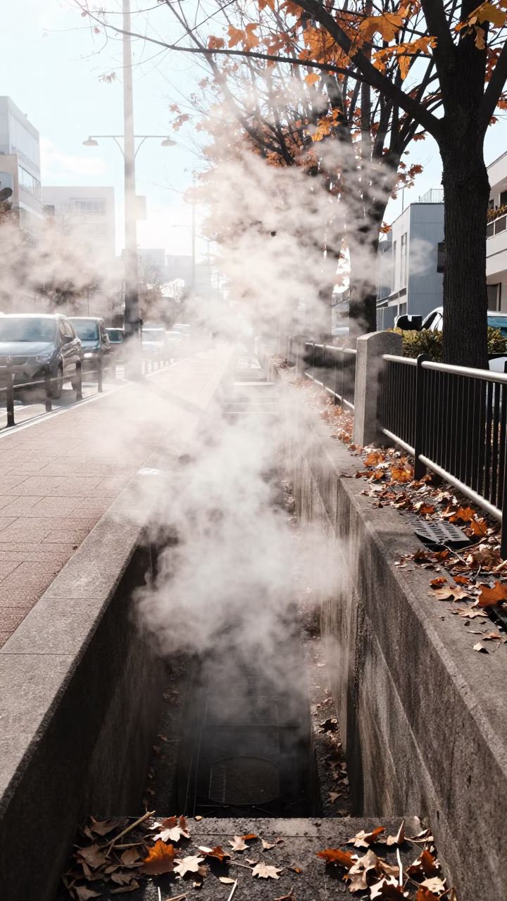 Steam Trench and Autumn Leaves in Sapporo Midmorning Street Scene in in Sapporo, Japan