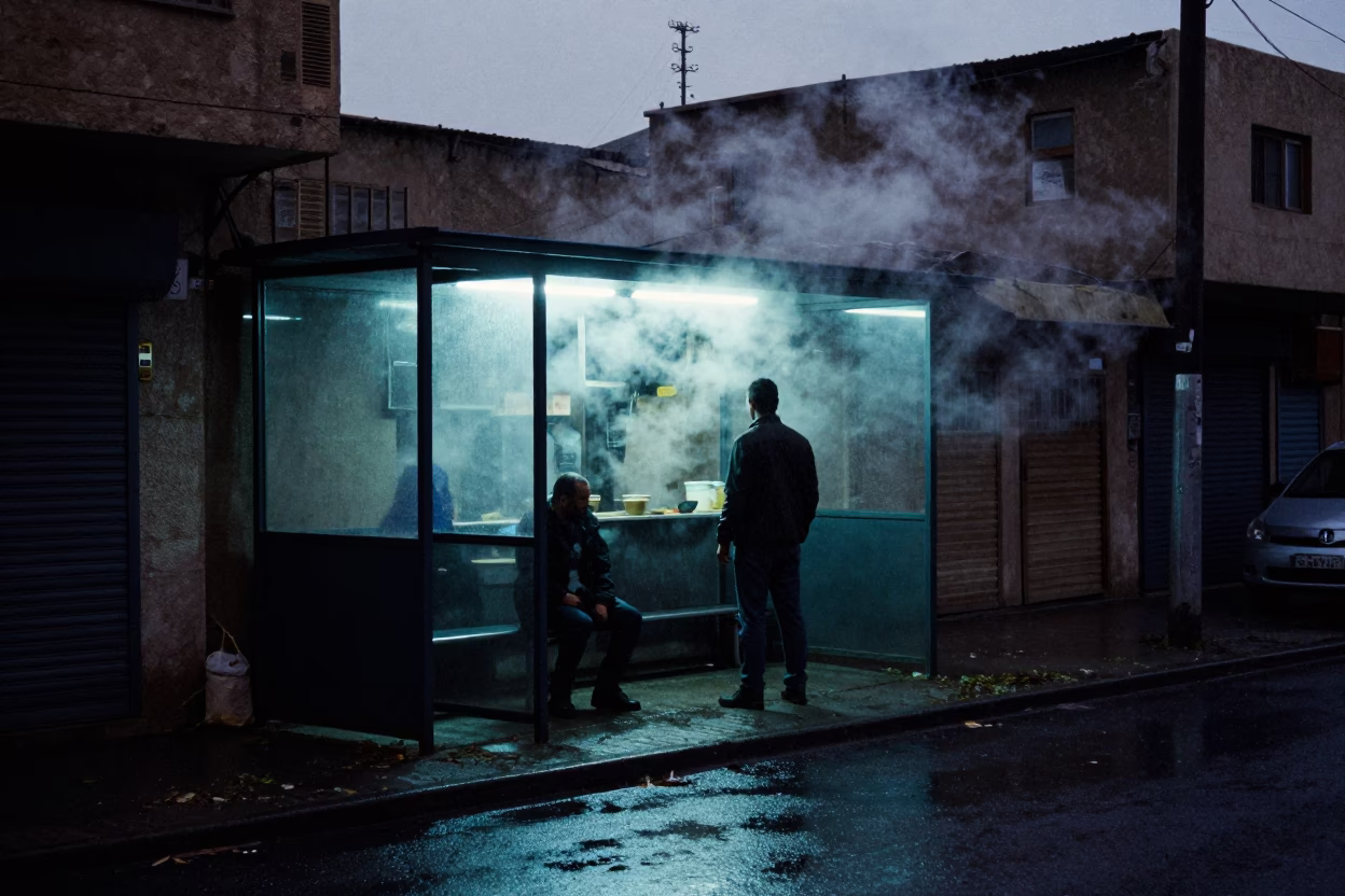 Steam venting alley behind Basra restaurants in beside a steamed-up bus shelter in Basra