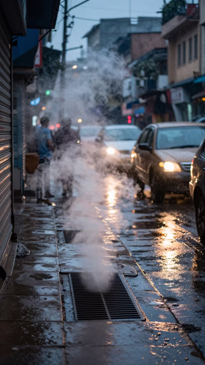 Steam Vent Blasting Through Sidewalk Grate Ajmer in along a shuttered arcade in Ajmer