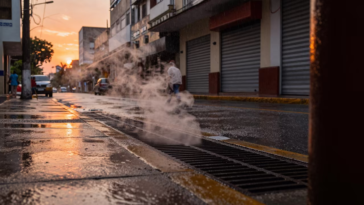 Steam Vent Blasting Sidewalk Grate Drizzle in along a shuttered arcade in Ciudad Guayana