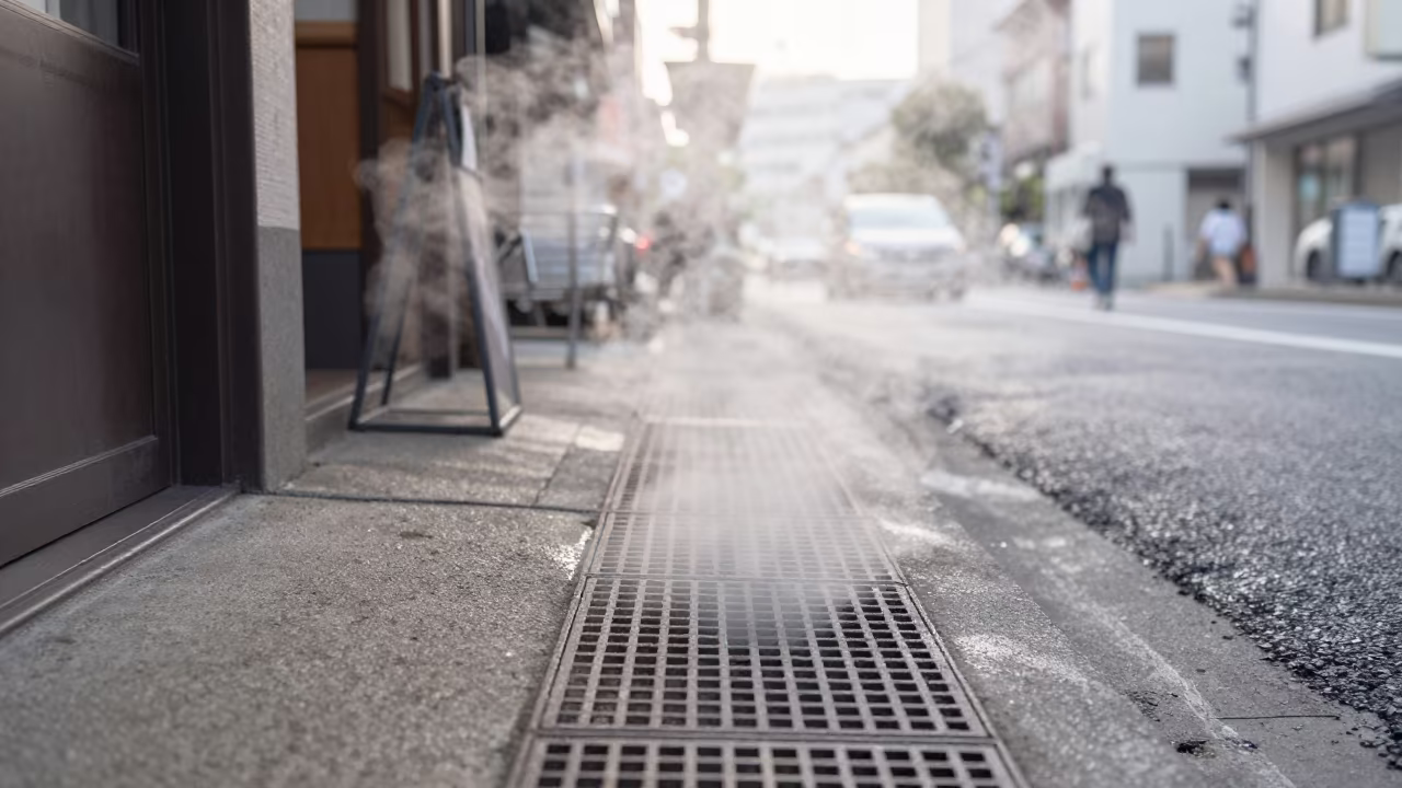 Steam Vent Blasting Sidewalk Okayama Afternoon in outside a corner cafe in Okayama