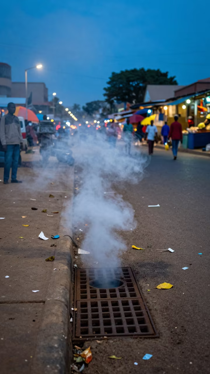 Steam Vent Blasts Sidewalk Grate in Ngaoundere in along a market-lined side street in Ngaoundéré