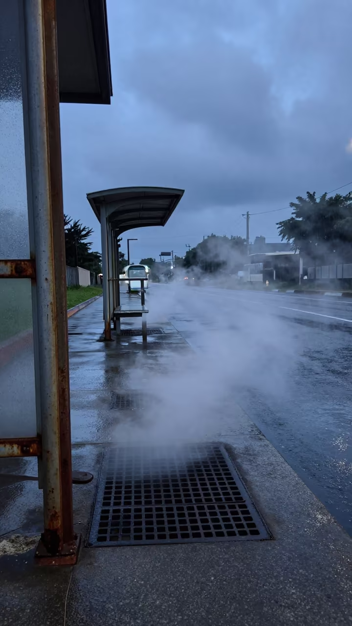 Steam Vent Blasts Sidewalk Grate Twilight in beside a steamed-up bus shelter in Kasama