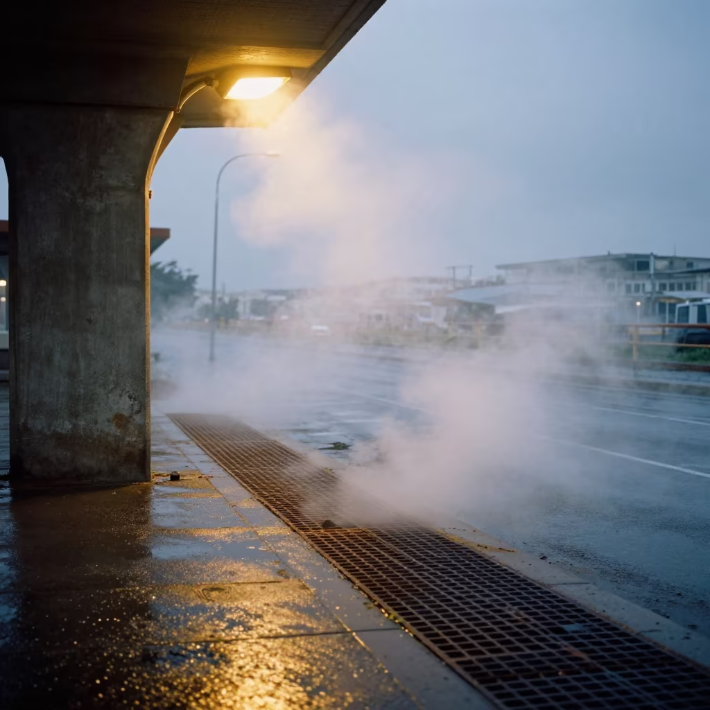 Steam Vent Blasts Sidewalk Grate Under Russeifa Light in beneath a flickering underpass light in Russeifa