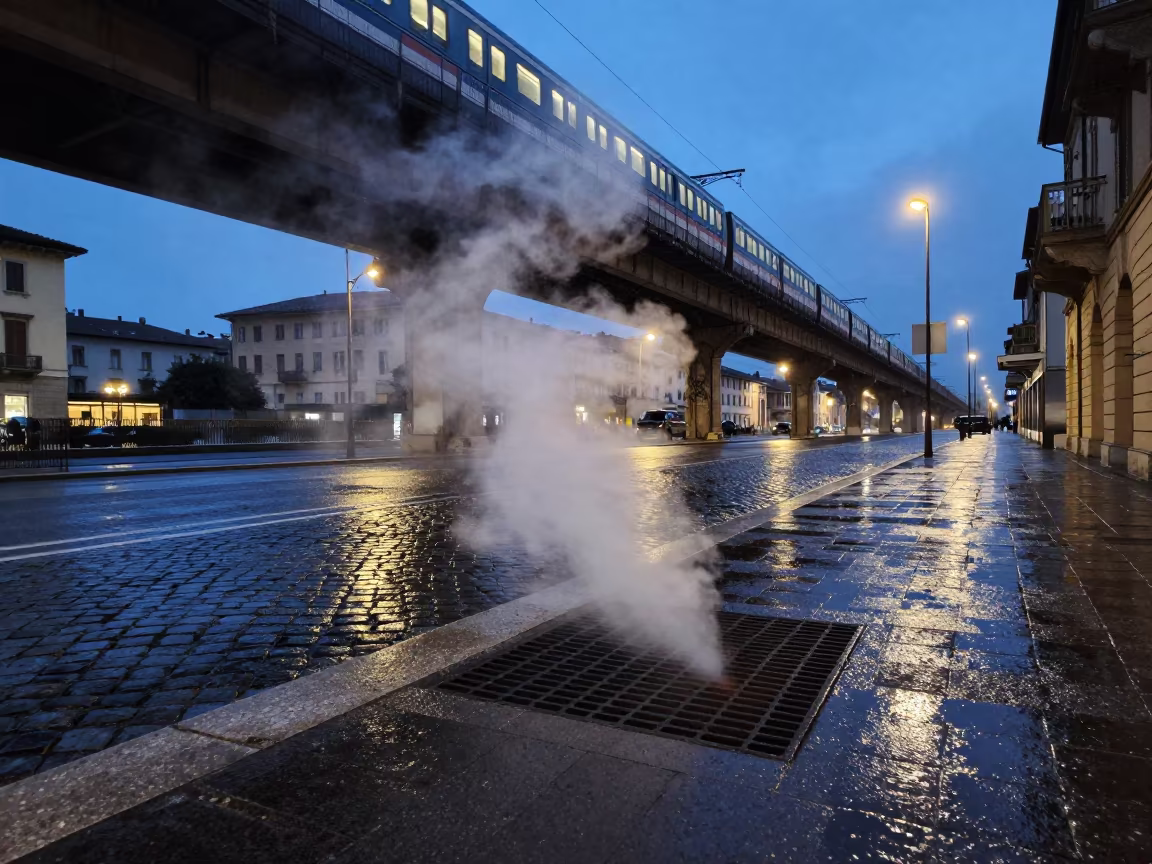 Steam Vent Blasts Through Grate Under Verona Train Line in under an elevated train line in Verona