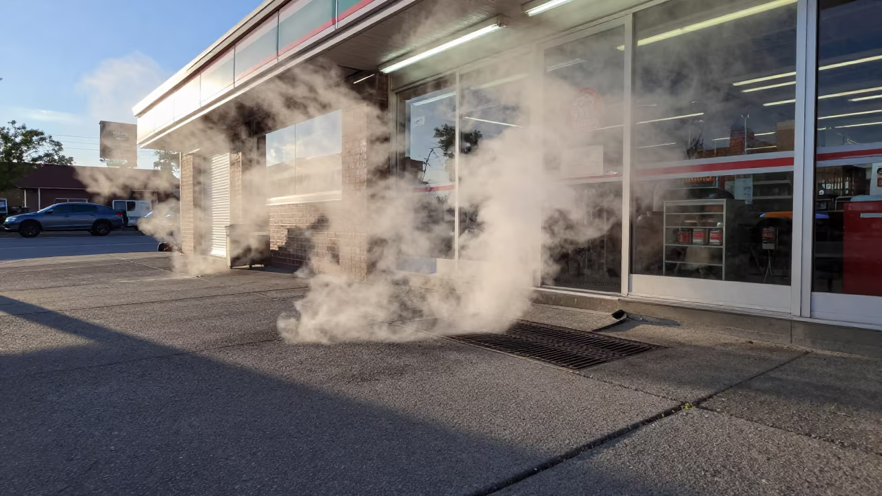 Steam Vent Blasting Sidewalk at Dawn in outside a fluorescent convenience store in Ottawa