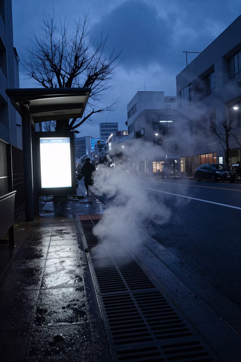 Steam Vent Blasting Sidewalk in Shimokitazawa Winter in beside a steamed-up bus shelter in Shimokitazawa, Tokyo
