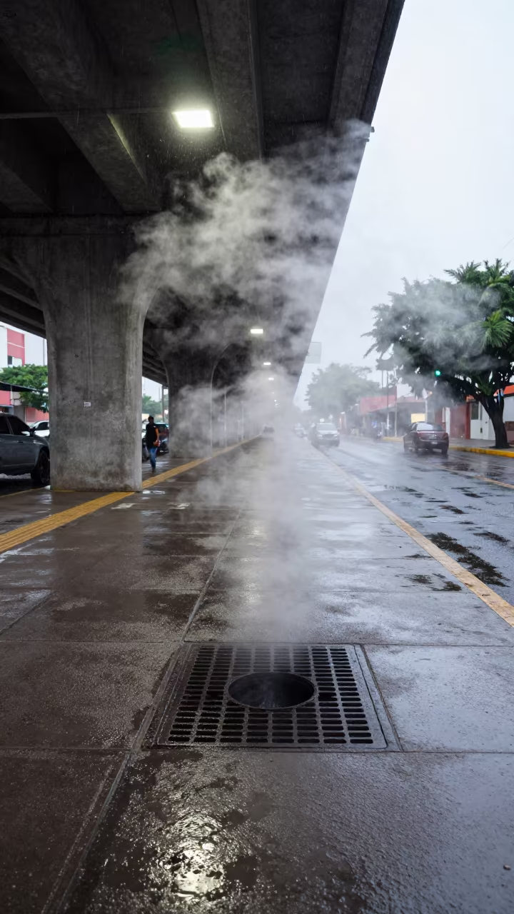 Steam vent blasts underpass Ciudad del Carmen early morning in beneath a flickering underpass light in Ciudad del Carmen