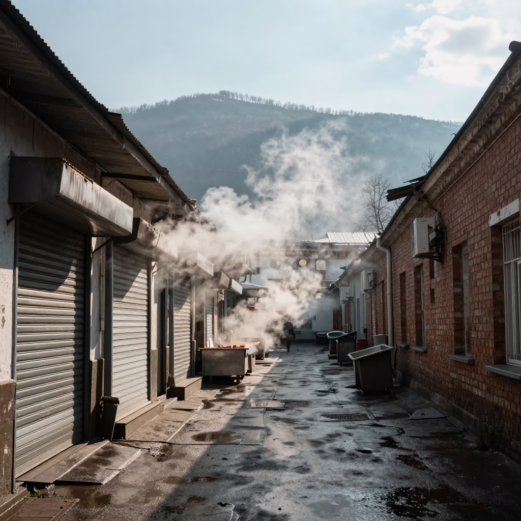 Steam Venting from Alley Behind Yekaterinburg Arcade in along a shuttered arcade in Yekaterinburg