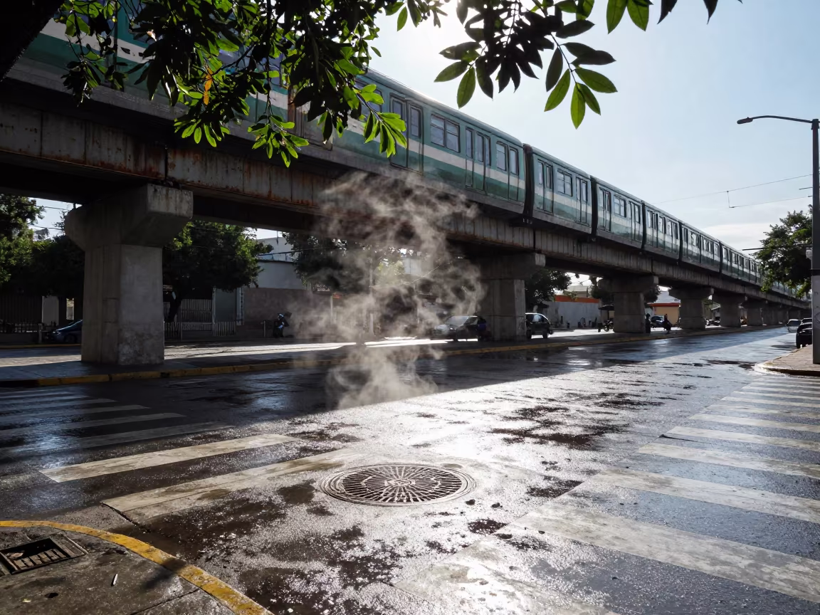 Steam vents from manhole cover in Oaxaca rain in under an elevated train line in Oaxaca