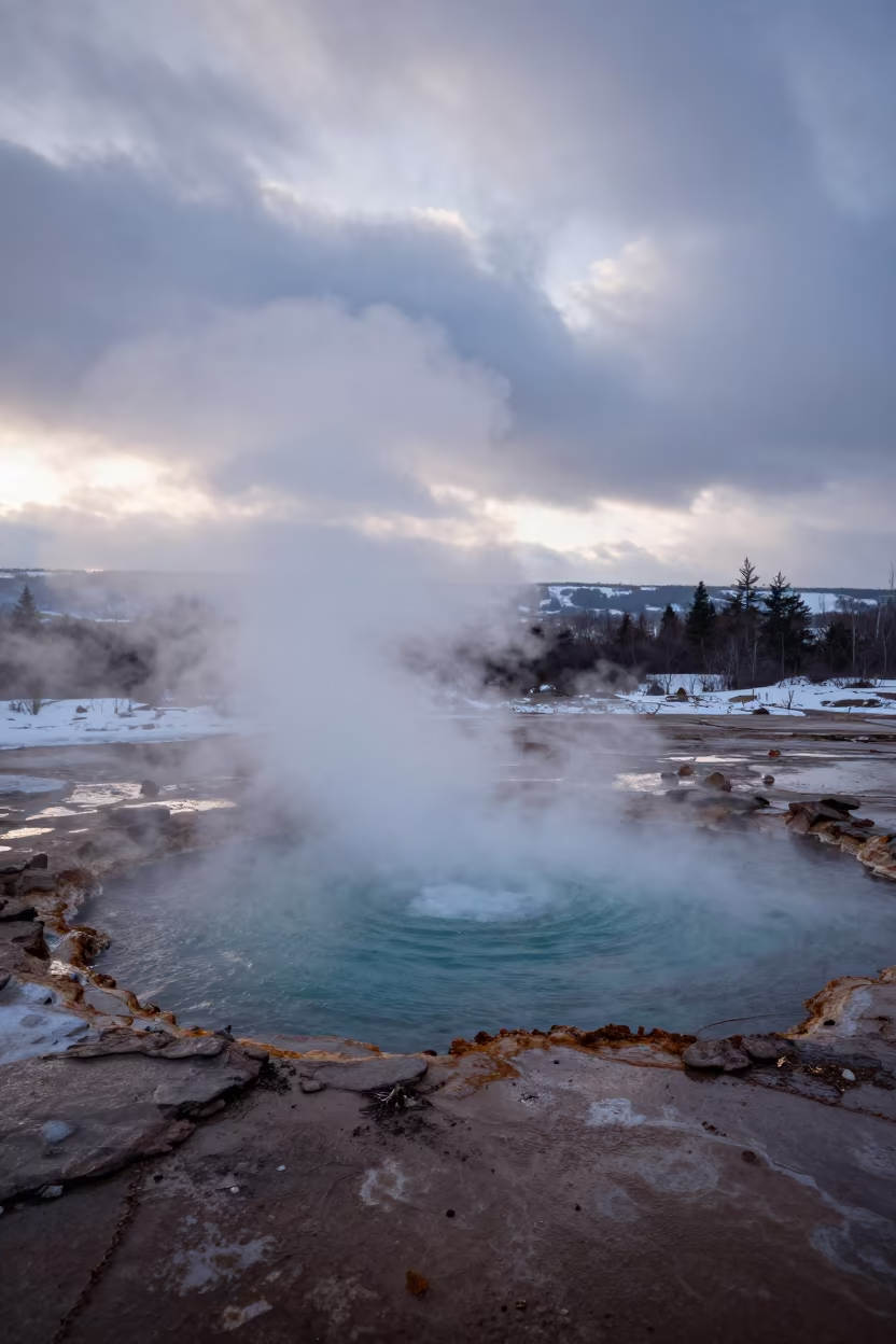 Steam Rising from Volcanic Hot Spring at Dawn in near Bishkek