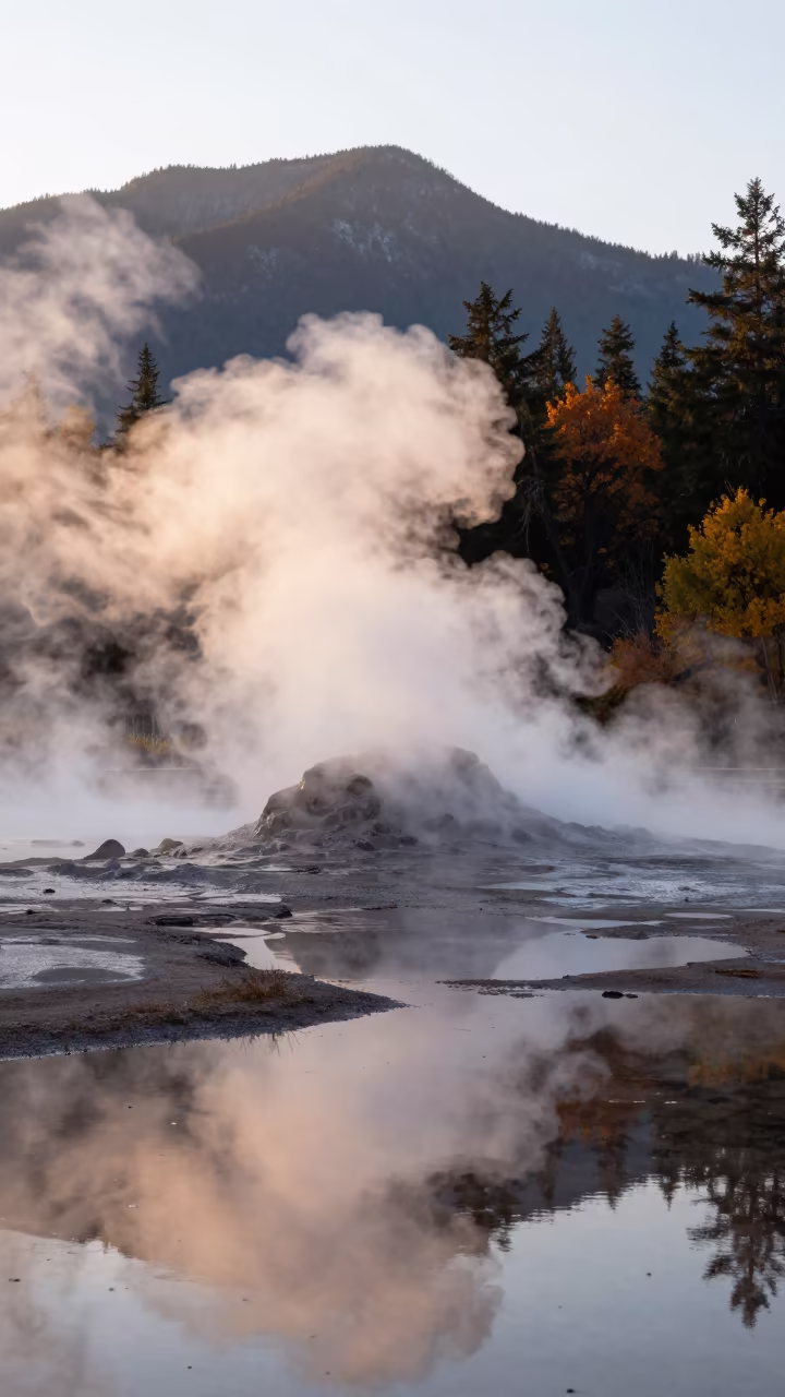 Steam Rising from Volcanic Hot Spring at Dawn in from a ridge above layered foothills near Vancouver