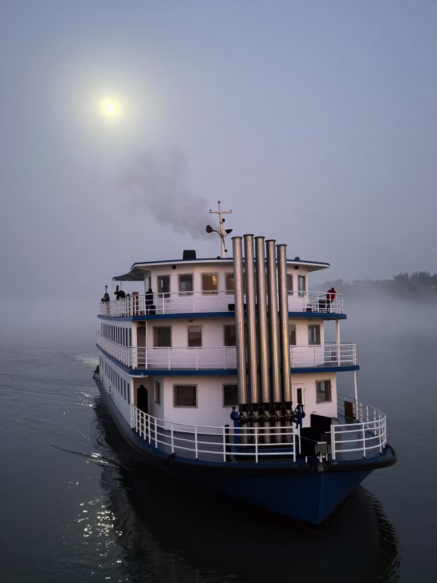 Steamboat Calliope at Dawn Mist Monrovia Ferry in across a remote ferry crossing near Monrovia