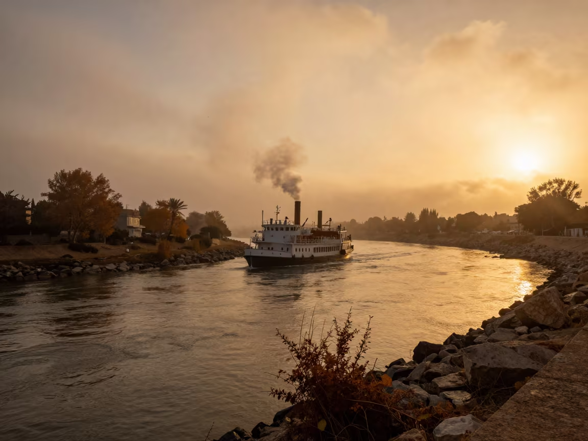 Steamboat Rounding Bend at Sunset in Fog in beside a fogbound harbor mouth in Israel