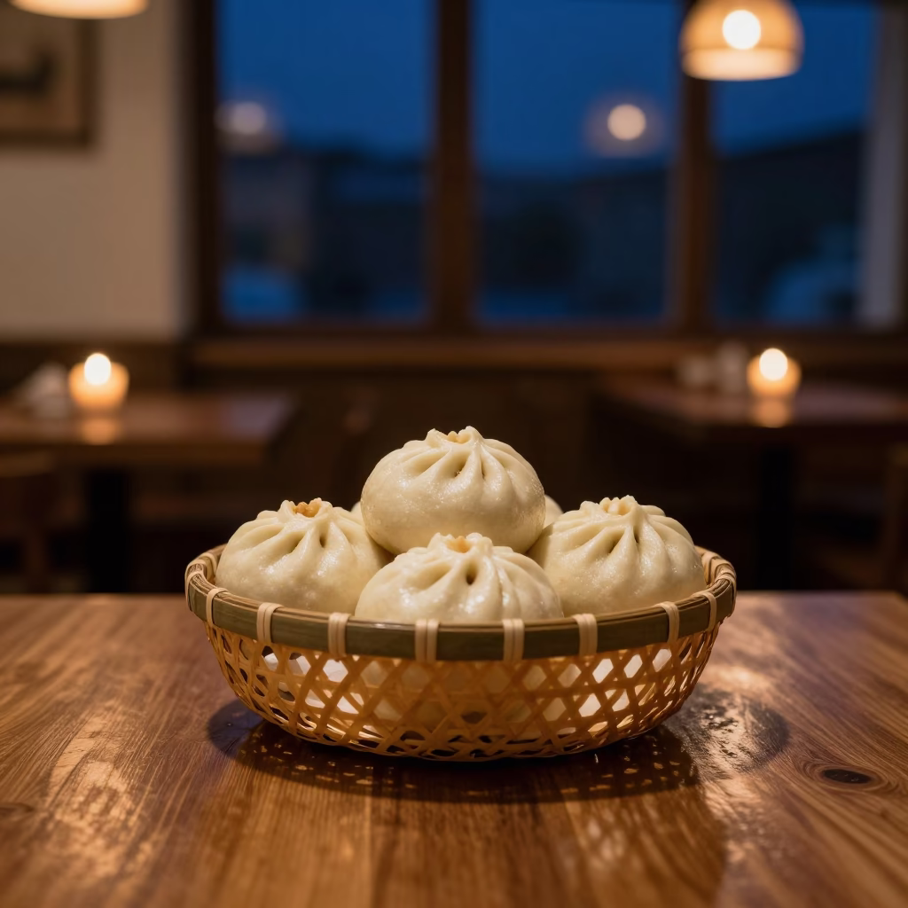 Steamed Bao Buns in Basket on Cafe Table in on a cafe table by a window in Tashkent