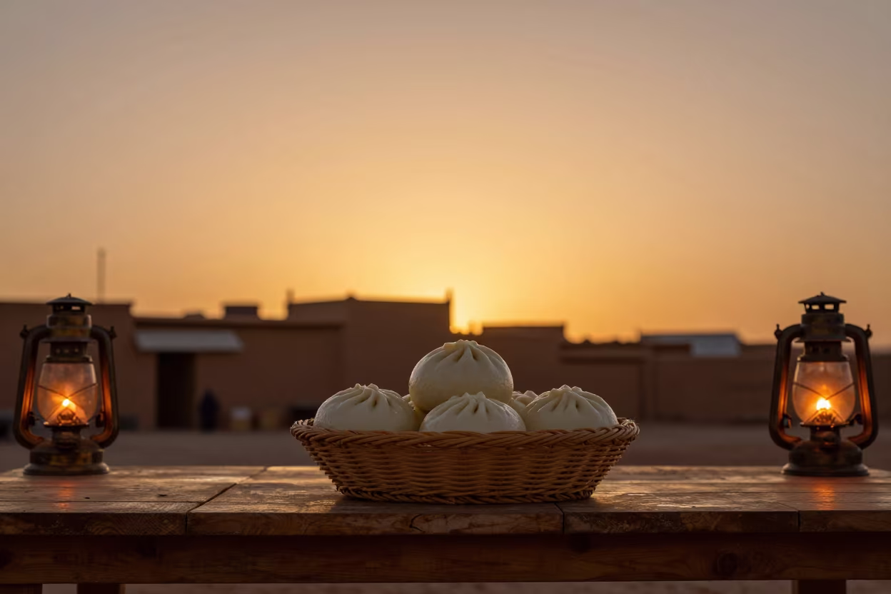 Steamed Bao Buns in Basket on Wooden Workbench in on a wooden workbench in Taourirt