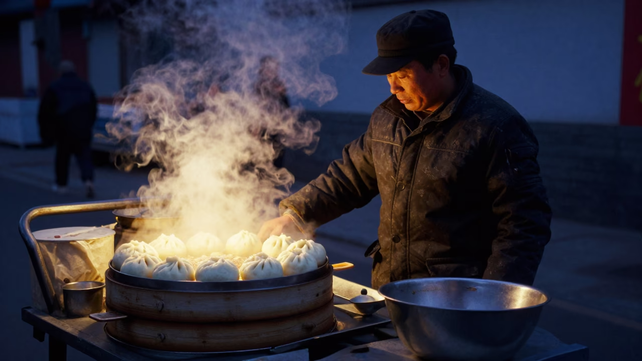 Steamed Buns in Beijing at The Predawn Darkness Light in in Beijing, China