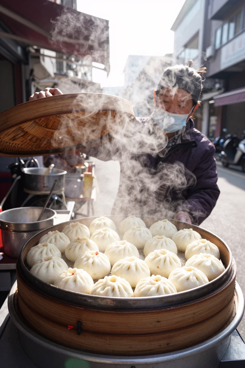 Steamed Buns in Kaohsiung at Bright Midmorning Light in in Kaohsiung, Taiwan