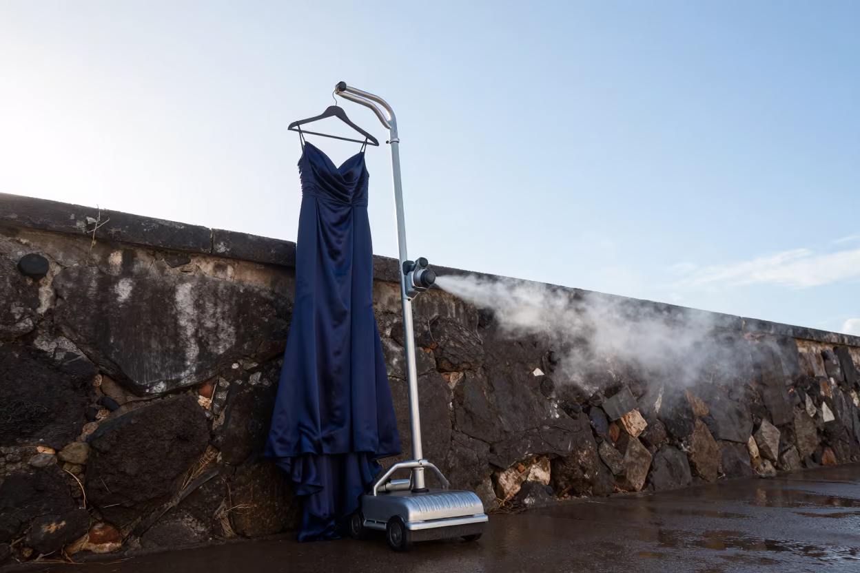 Steamer Hissing Beside Satin Gown on Jinja Harbor Wall in against a wind-beaten harbor wall in Jinja