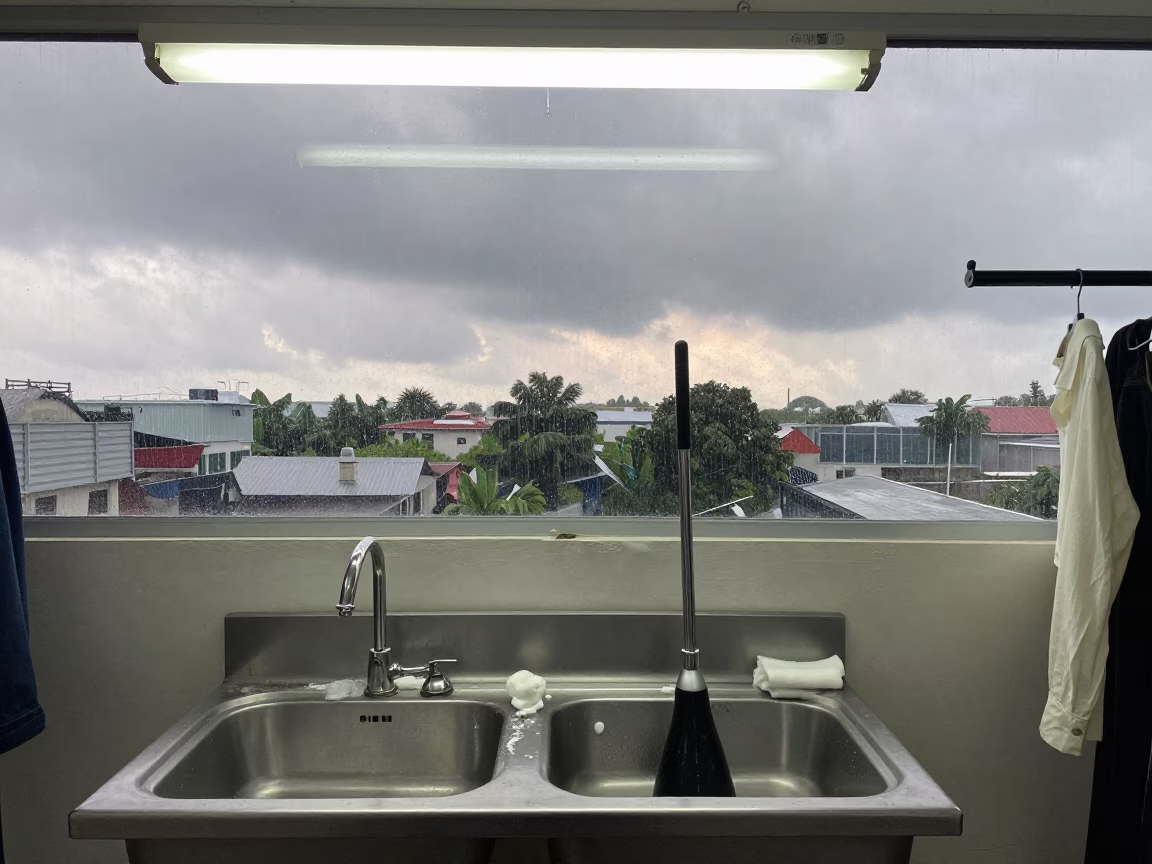 Steamer and Sink in Thu Duc Monsoon Light in under runway rehearsal lights in Thủ Đức