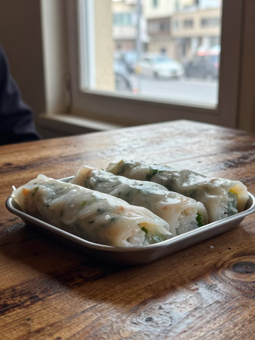Steaming Banh Cuon Rolls on Rustic Beirut Table in on a rustic wooden table in Achrafieh, Beirut