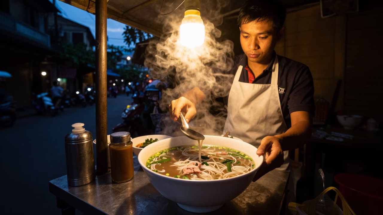 Steaming Bowl of Pho in Predawn Darkness of Hanoi Street Food Stall in in Hanoi, Vietnam