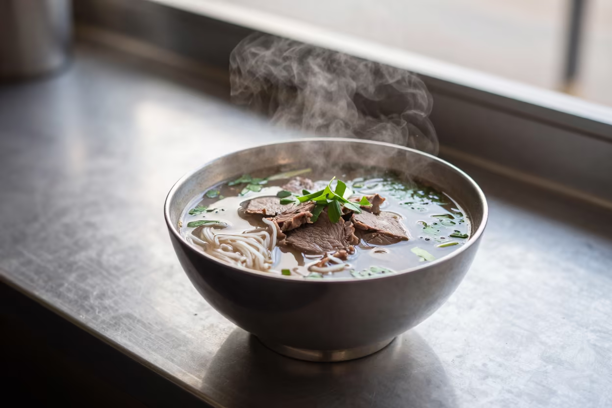 Steaming Bowl of Pho at Harare Noodle Counter in at a noodle counter in Harare