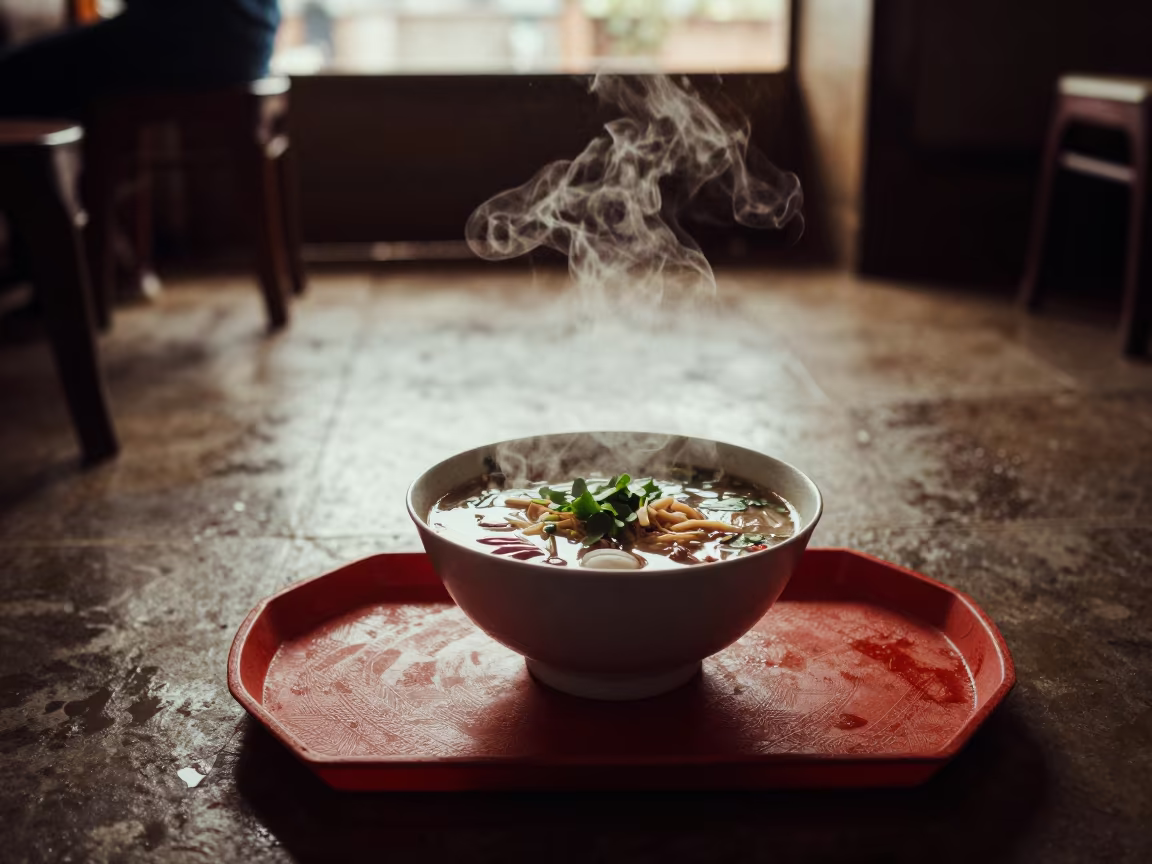 Steaming Bowl of Pho on Lacquered Tray in Kinshasa in on a lacquered tray in Kinshasa