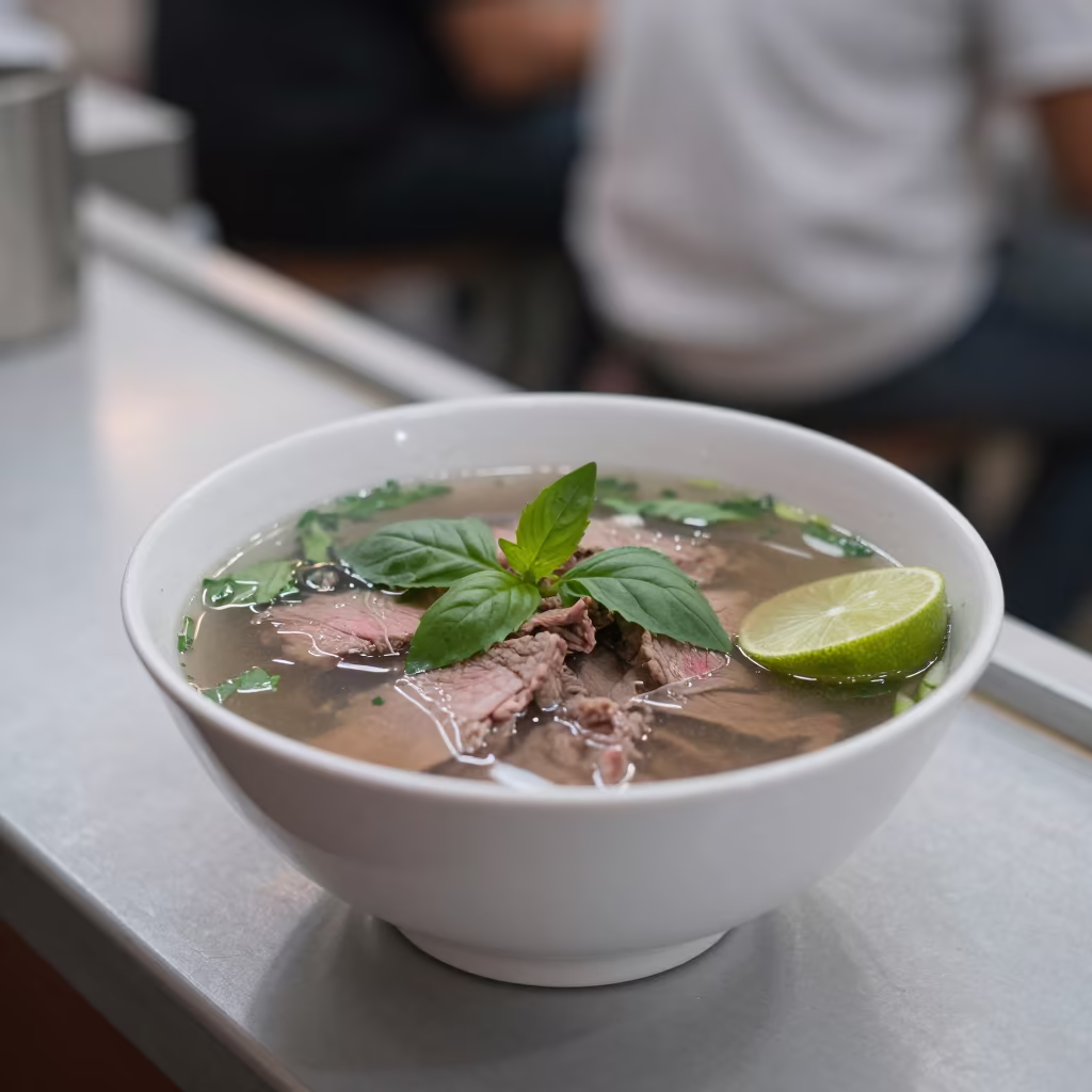 Steaming Bowl of Pho Tai with Basil Lime in at a noodle counter in Giza