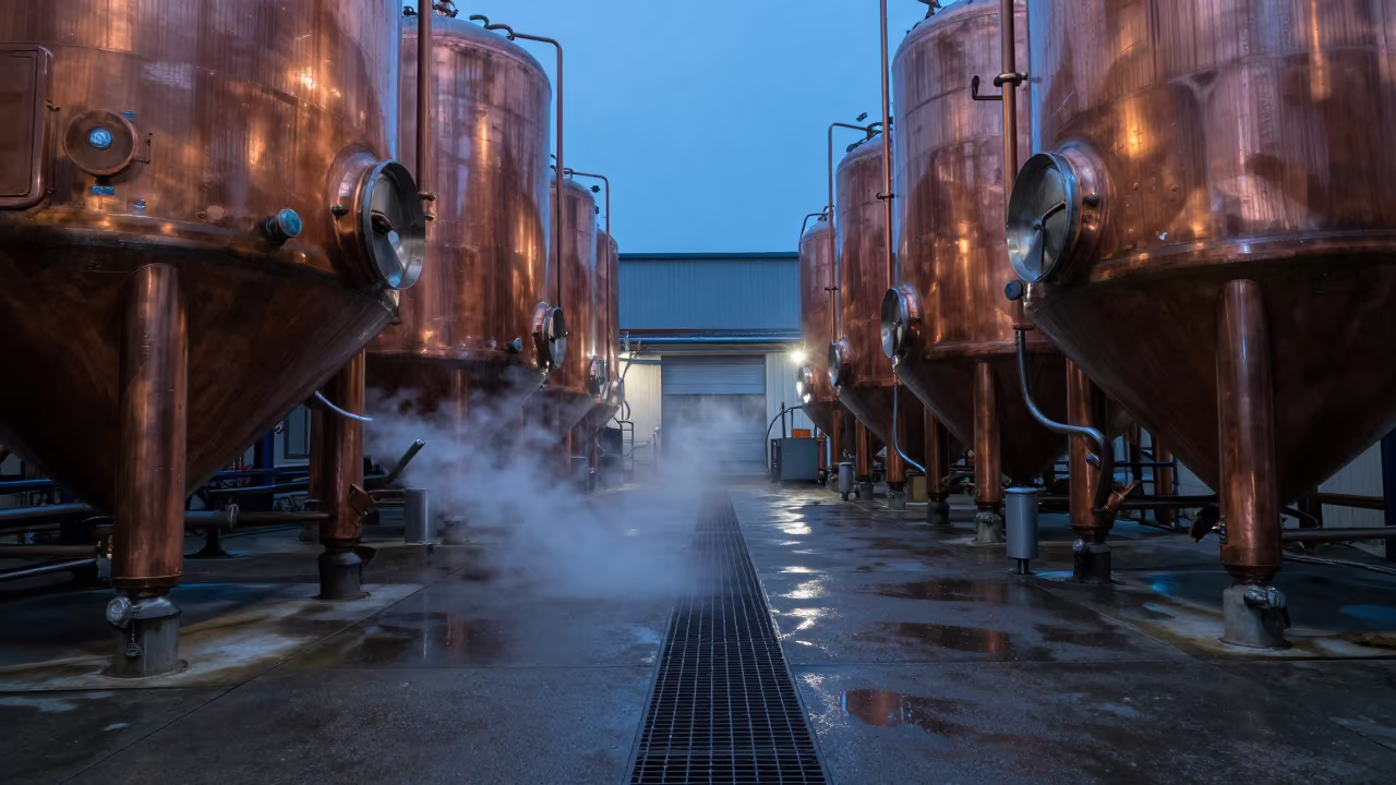 Steaming Brewery Drain Under Copper Tanks Twilight in on a factory floor near Bologna