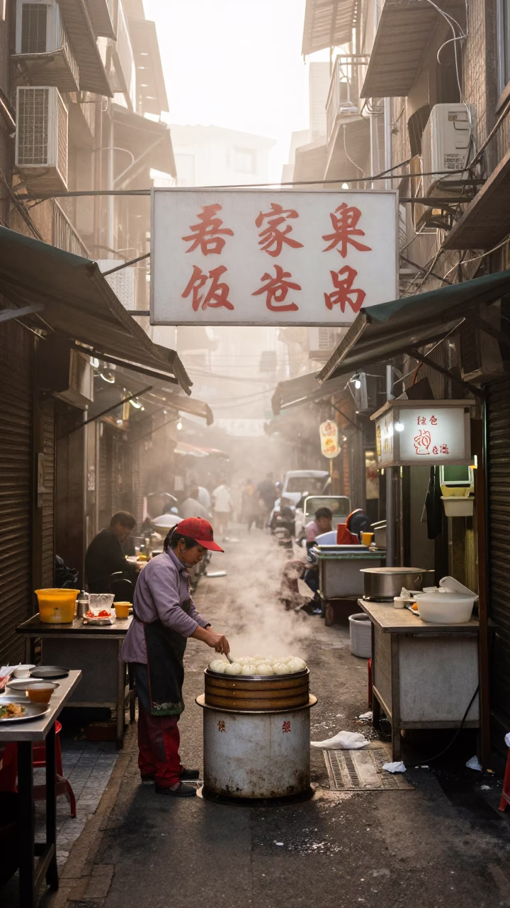 Steaming Buns in Taipei at Dawn Light in in Taipei, Taiwan