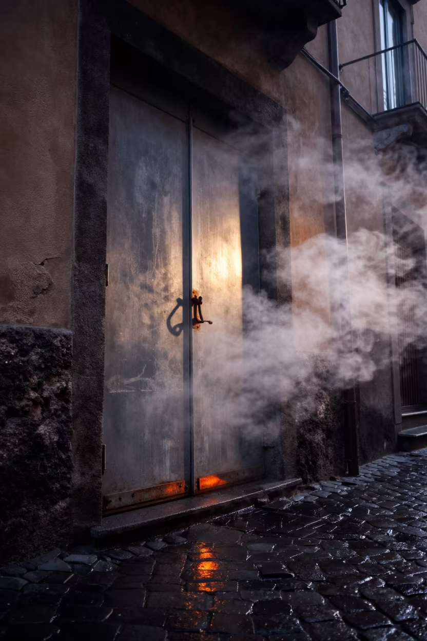 Steaming Butcher Door Before Dawn in Catania in outside a corner cafe in Catania