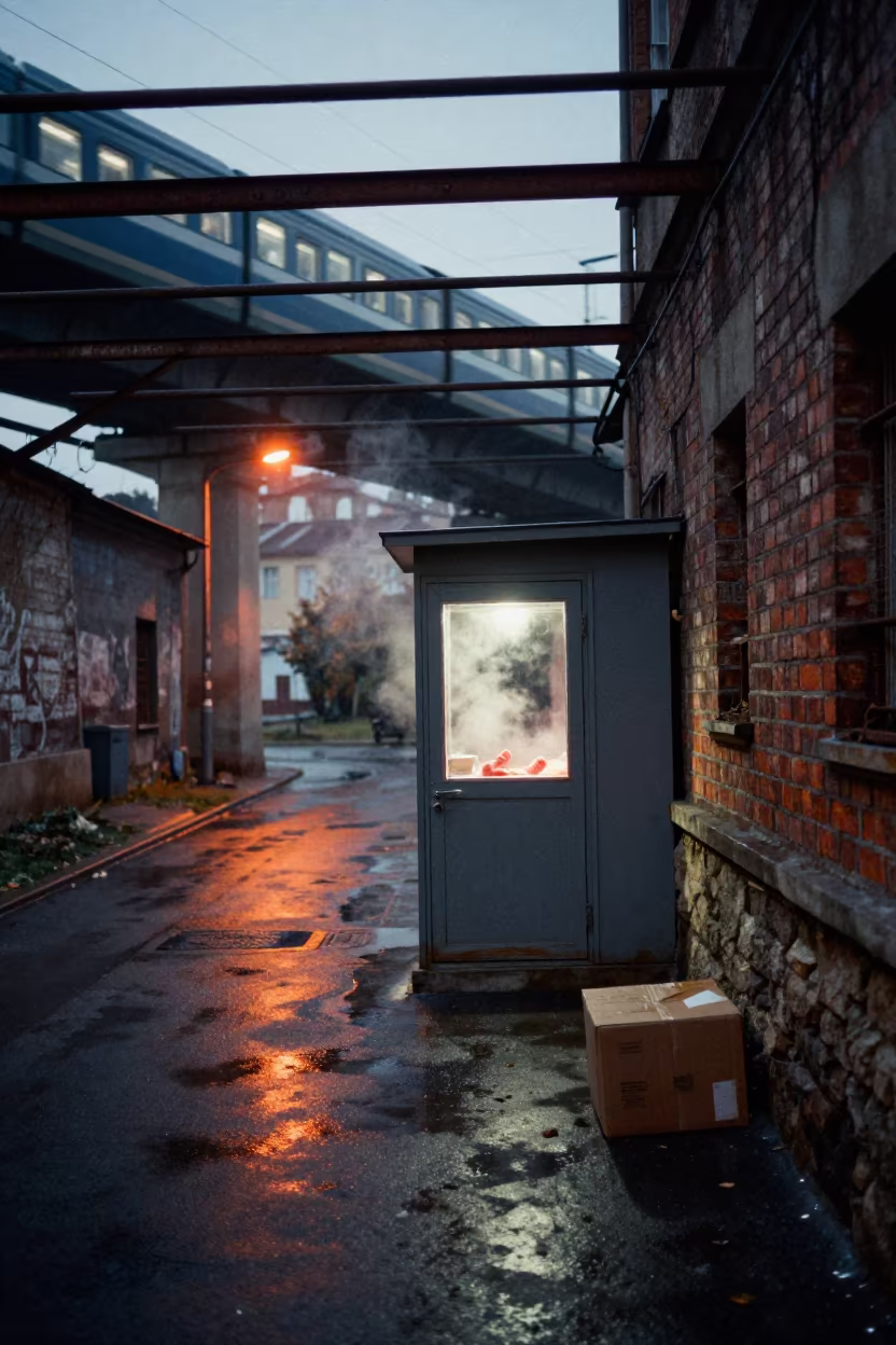 Steam Rising from Butcher Door Under Train in under an elevated train line in Bratislava
