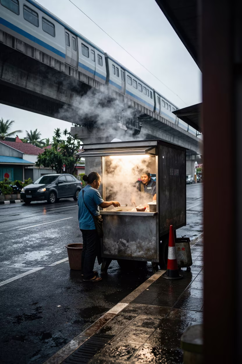 Steaming Butcher Door Under Train Surabaya in under an elevated train line in Surabaya