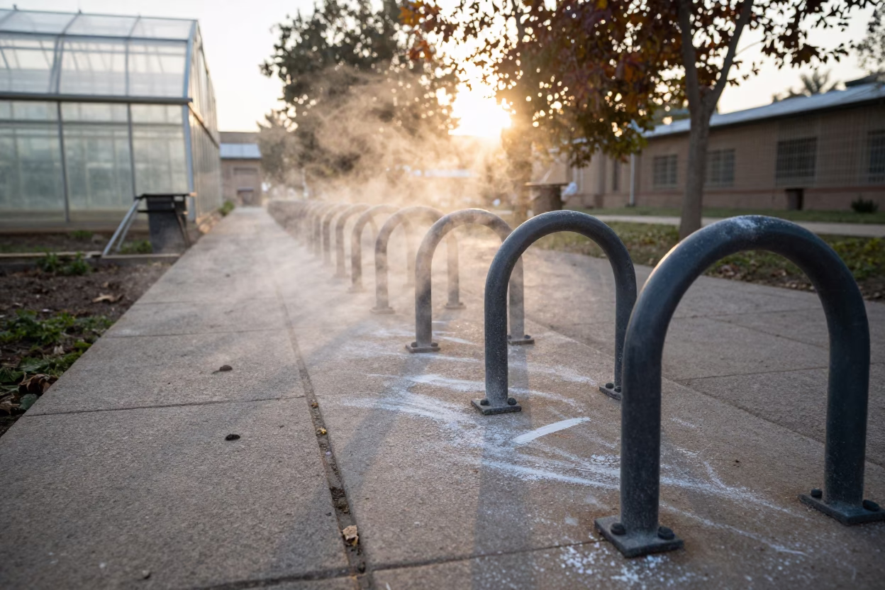 Steaming Campus Path at Dawn in Karbala in beside campus bike racks at dawn in Karbala