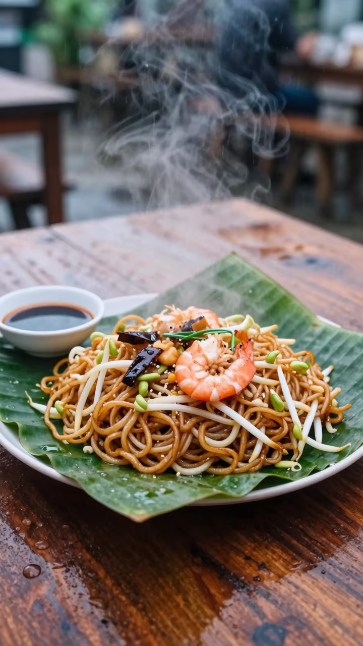 Steaming Char Kway Teow on Banana Leaf in on a weathered outdoor table near Jakarta
