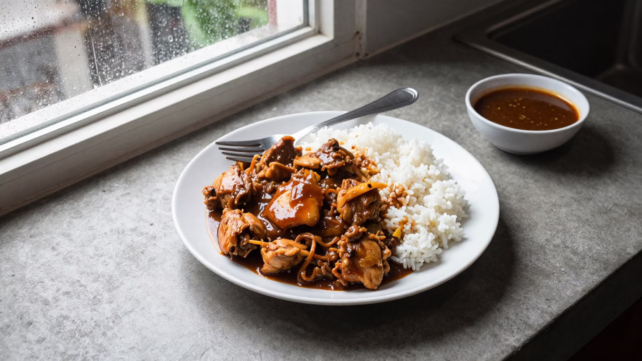 Steaming Chicken Adobo and Rice on Manila Worktop in on a kitchen worktop in Manila
