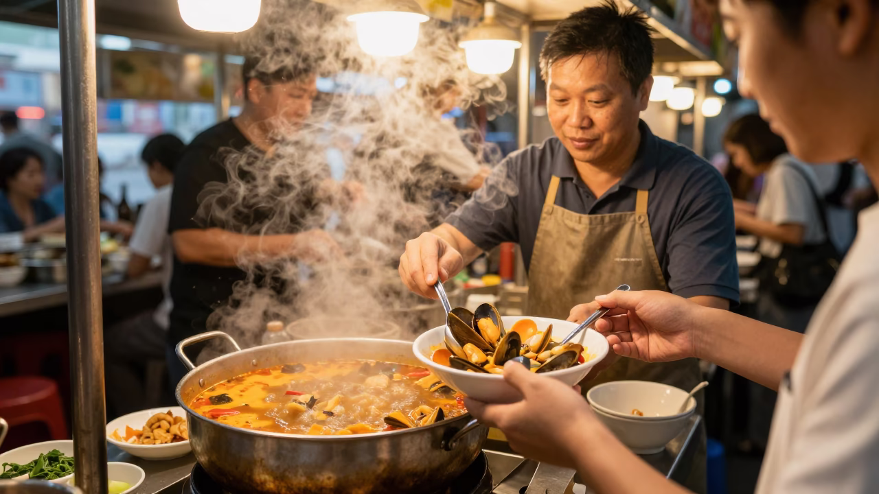 Steaming Cioppino in Hong Kong at Sunset Light in in Hong Kong, Hong Kong