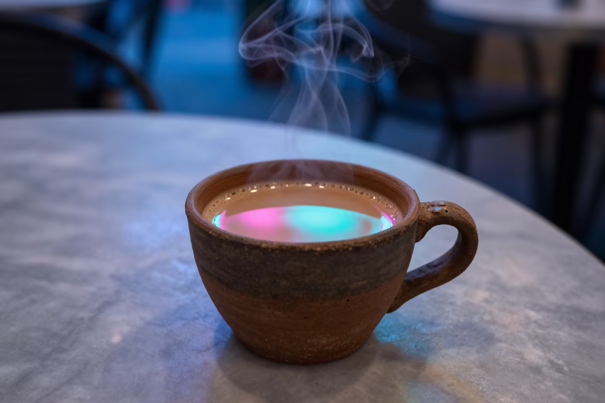 Steaming Clay Chai Cup on Marble Table in on a marble cafe table in Matamoros