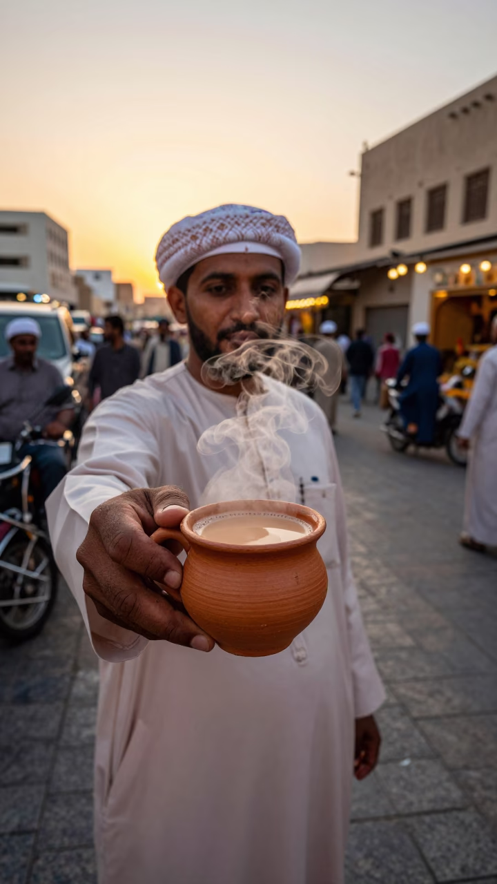 Steaming Clay Masala Chai Cup Held by Local Vendor in Muscat Oman Evening Light in in Muscat, Oman