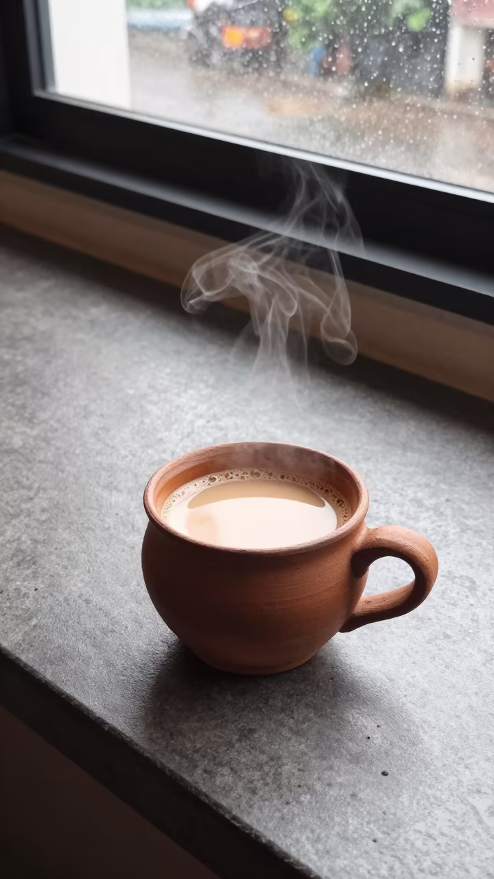 Steaming Clay Masala Chai Cup on Khulna Counter in at a coffee bar counter in Khulna