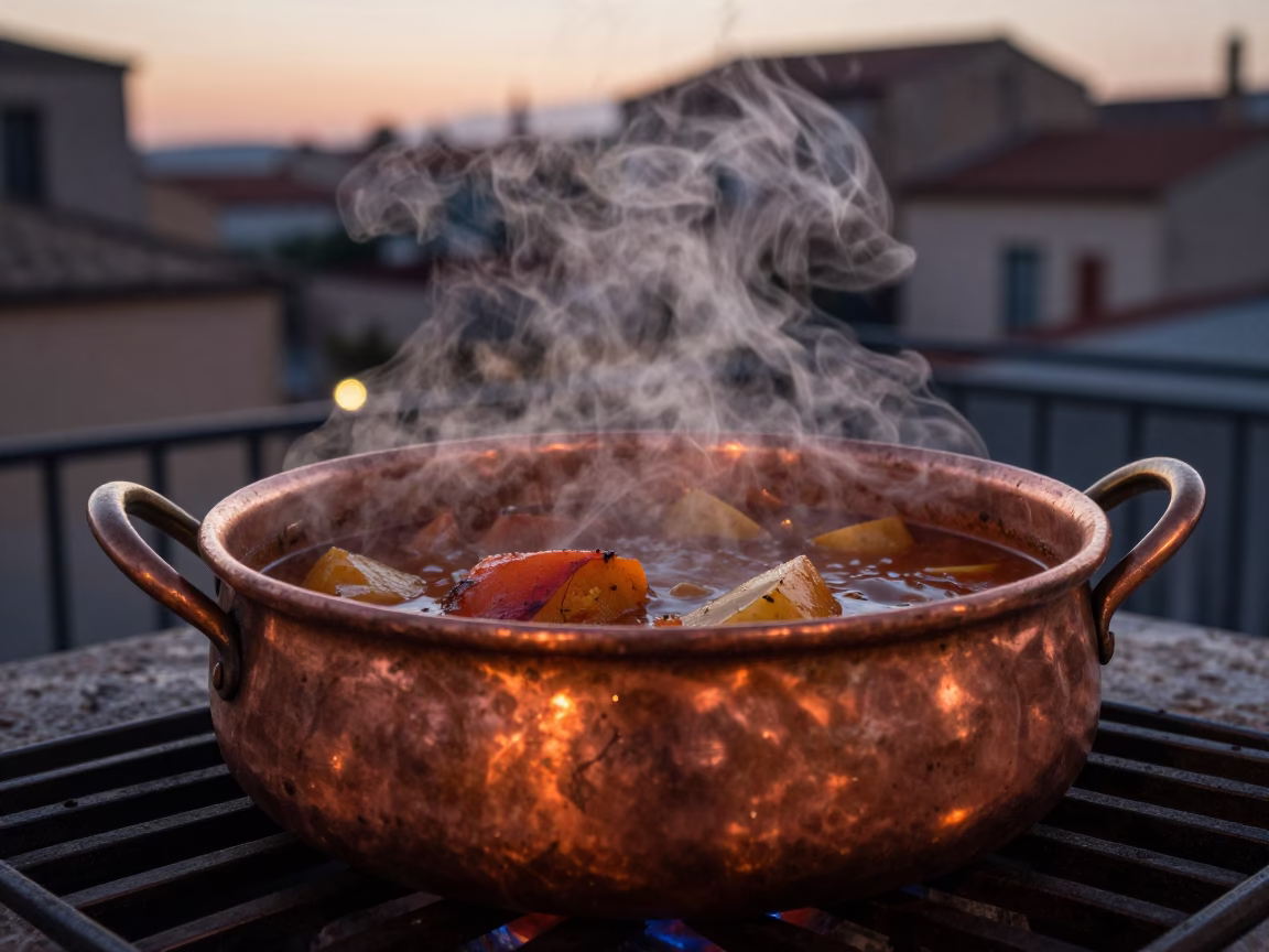 Steaming Clay Pot of Sicilian Stew in Copper Dusk Light at Palermo Street Market in in Palermo, Italy