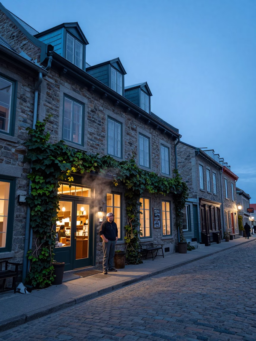 Steaming Coffee and Ivy Vines at Nautical Dawn in Old Quebec City in in Quebec City, Quebec, Canada