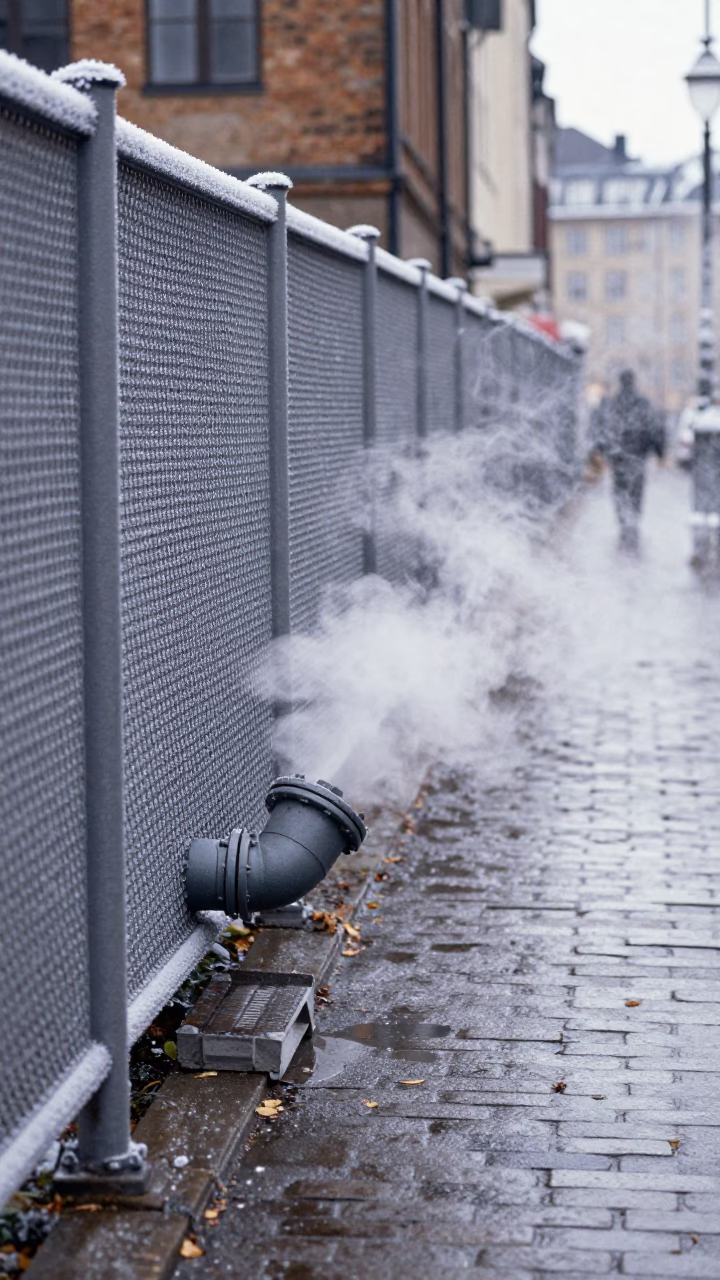 Steaming Copenhagen District Heating Pipe Behind Frost Fencing at Midday in in Copenhagen, Denmark