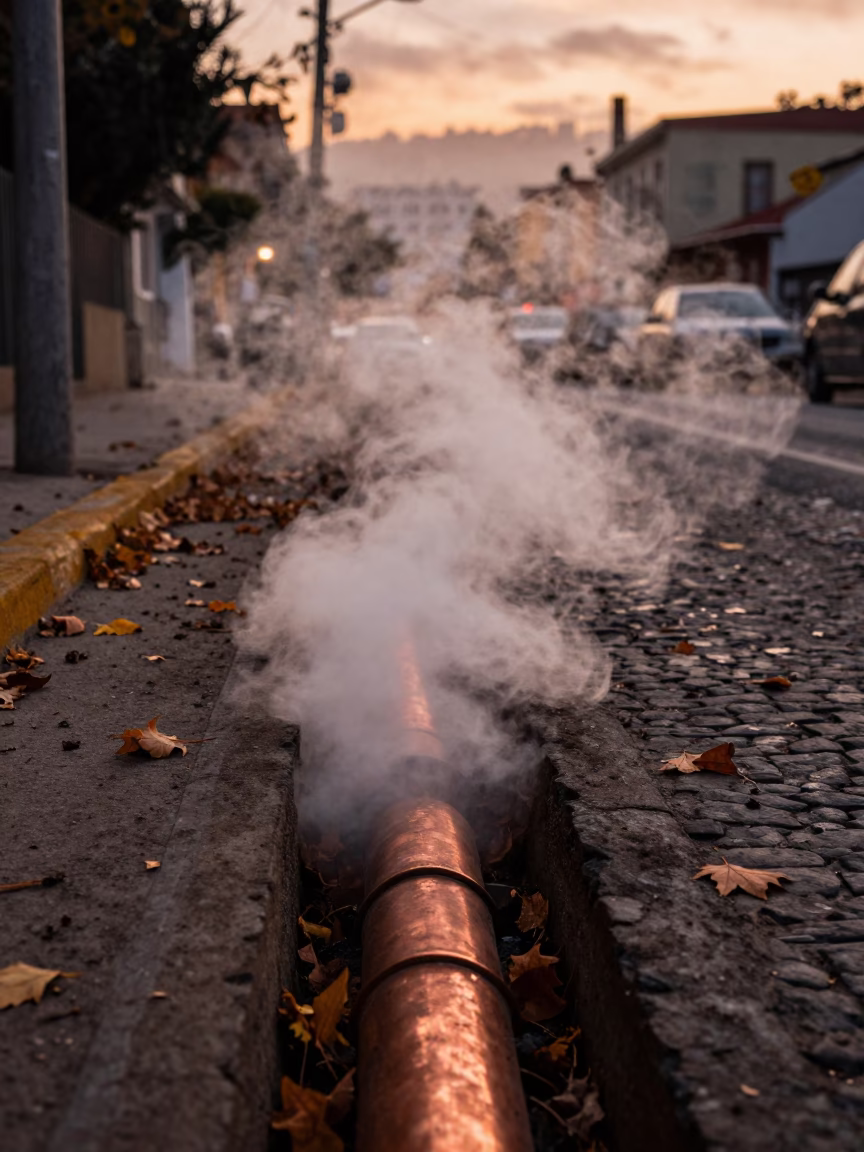 Steaming Copper Pipe Trench Amidst Autumn Leaves in Valparaiso Chile Dusk Light in in Valparaiso, Chile