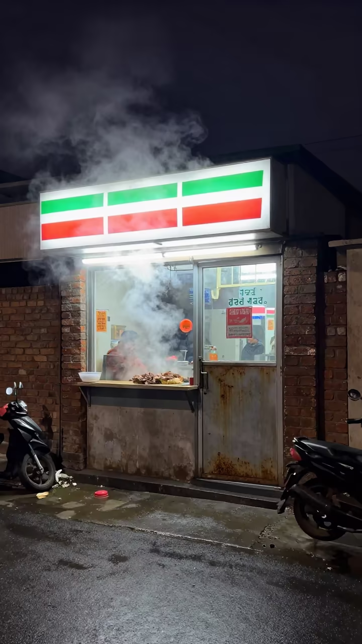 Steaming Delivery Door Winter Night Moradabad in outside a fluorescent convenience store in Moradabad