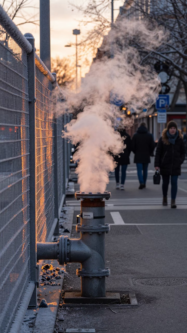 Steaming District Heating Pipe Behind Frost-Coated Berlin Fencing at Sunset in in Berlin, Germany