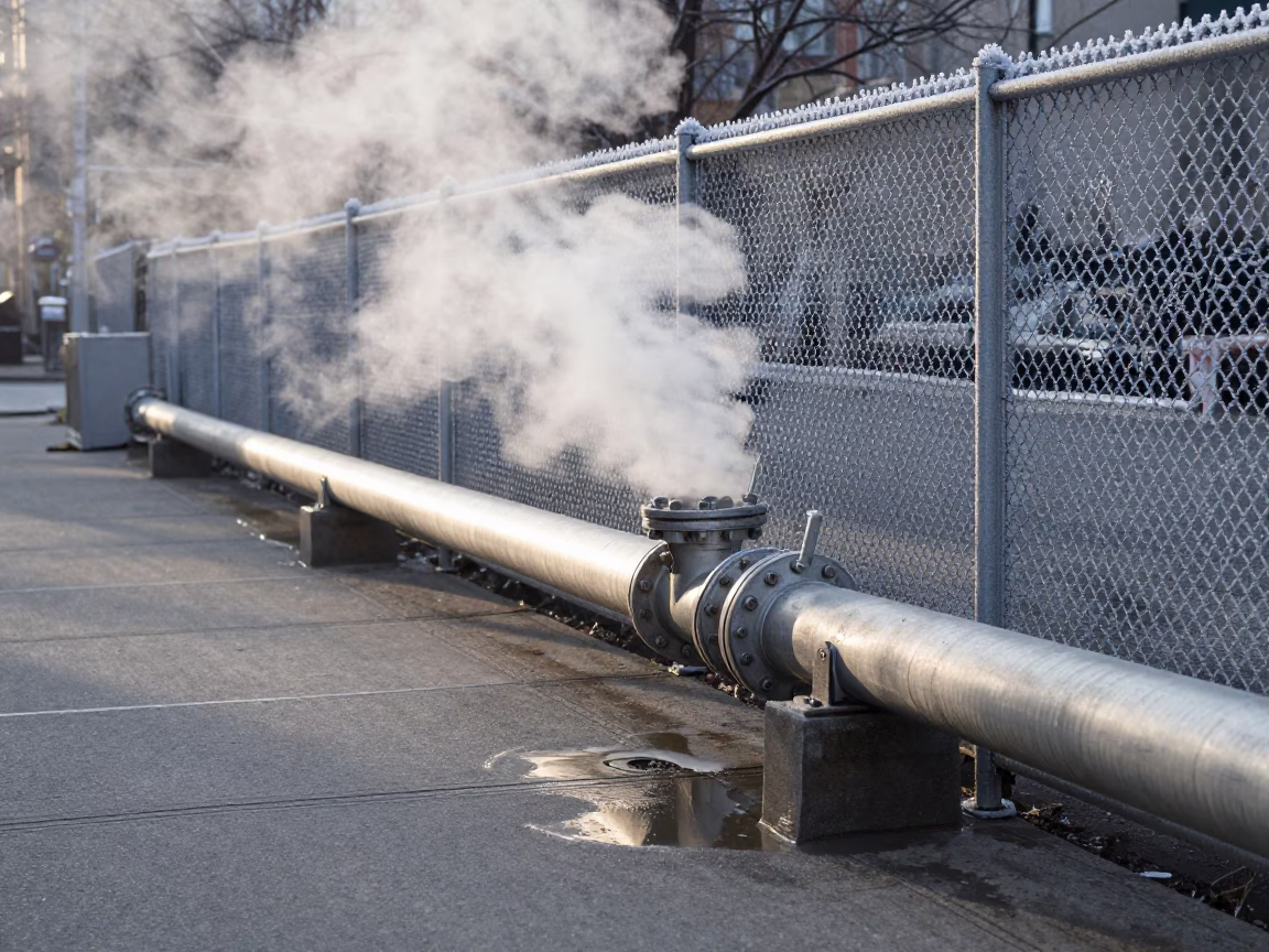Steaming District Heating Pipe Behind Frost Coated Fence in Early Morning New York City in in New York, New York, United States