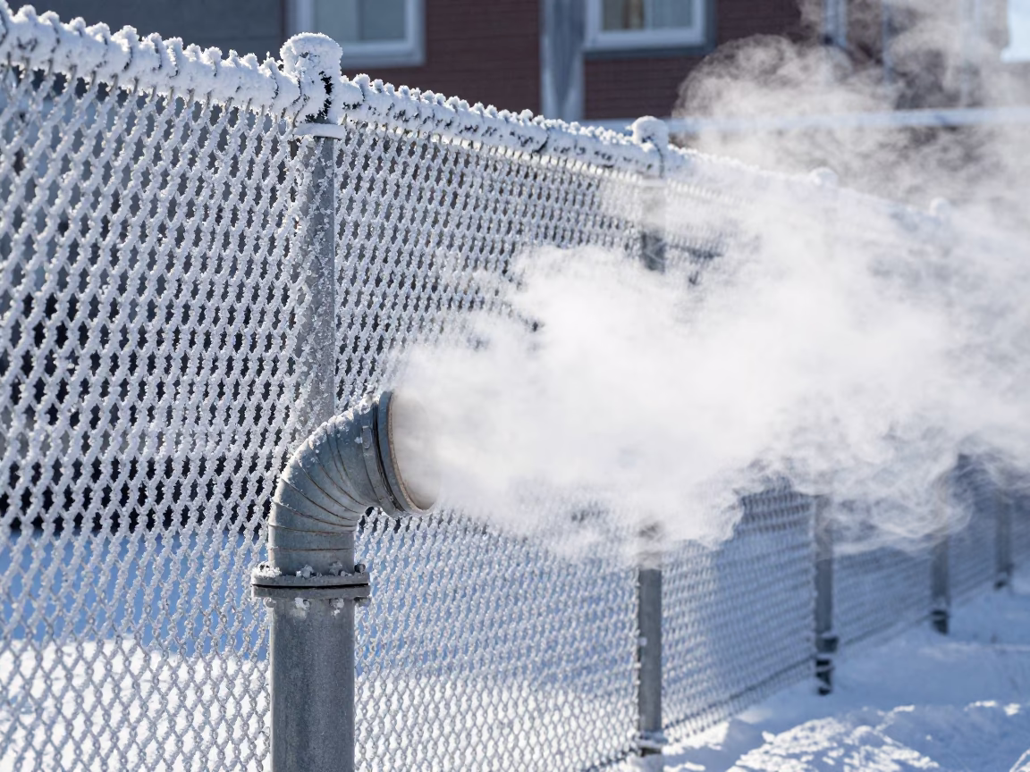 Steaming District Heating Pipe Behind Frost Coated Fence in Quebec City Midday Winter Scene in in Quebec City, Quebec, Canada
